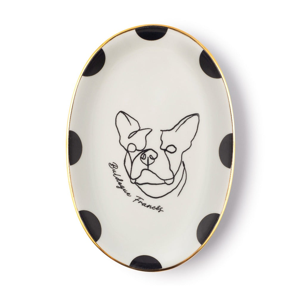 Prato de porcelana oval cachorro Buldogue Francês