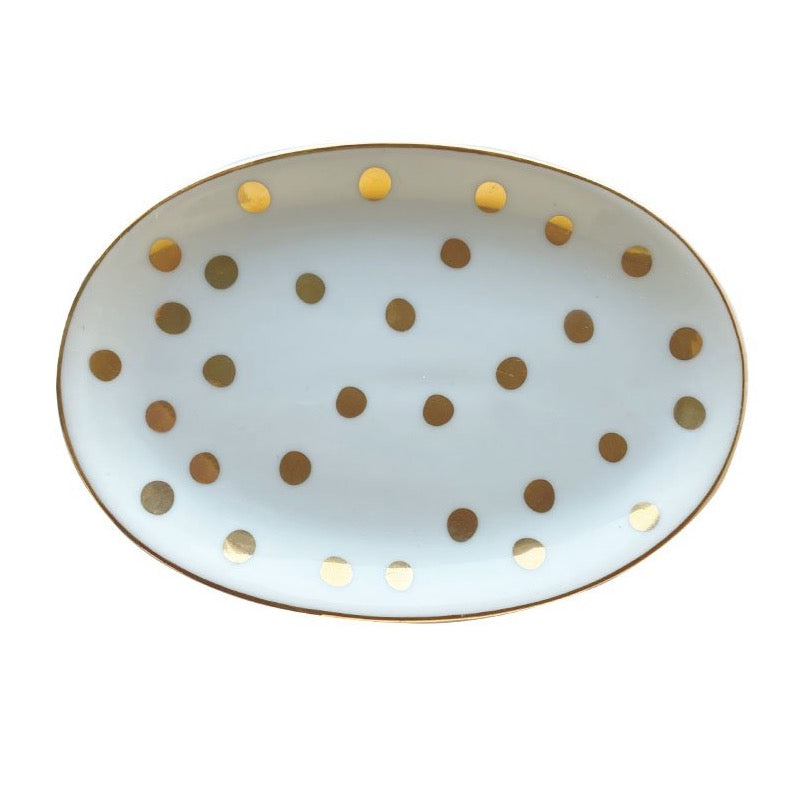 Prato de porcelana oval com poá dourado - The Goodies Brasil