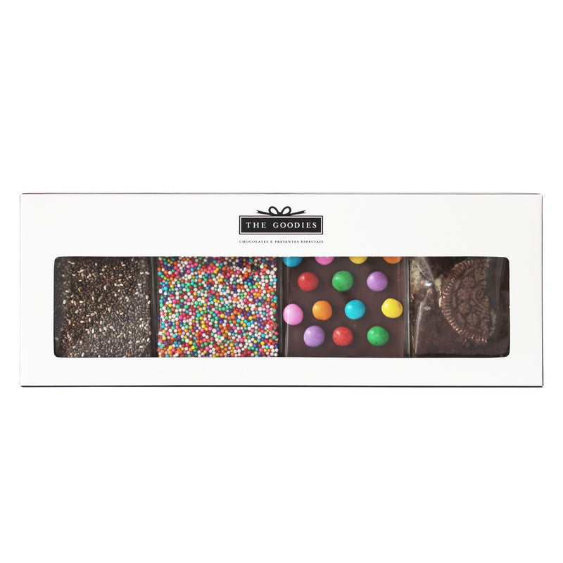 Caixa 4 chocolates de 25g ( sabores: Drage, Oreo, Confeti, Amargo 70% com chia ) - The Goodies Brasil