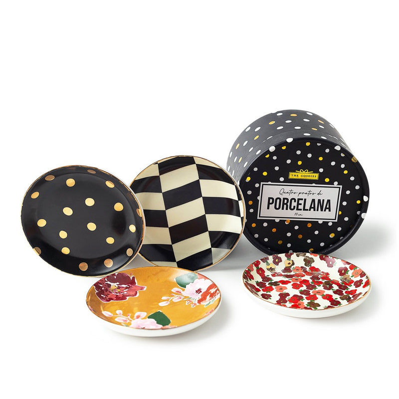 Jogo de 4 pratos de porcelana estampados 10cm