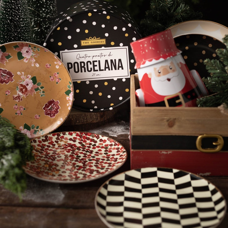 Jogo de 4 pratos de porcelana estampados 21cm